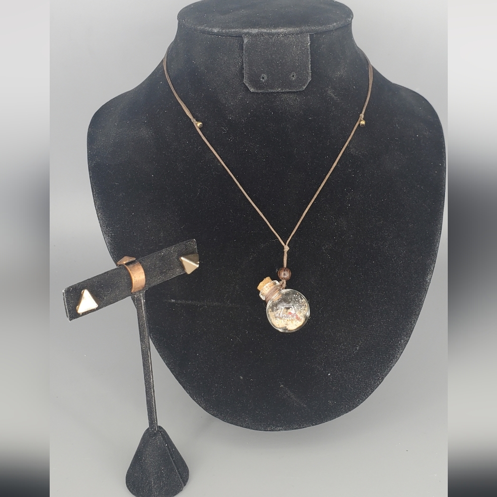 Sand in a Bottle Necklace, Pyrimad Earring and Earcuff 3 Piece Set